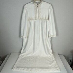 Vintage Vassarette Maxi House Coat Zipper Robe Fleece Lace Ivory M